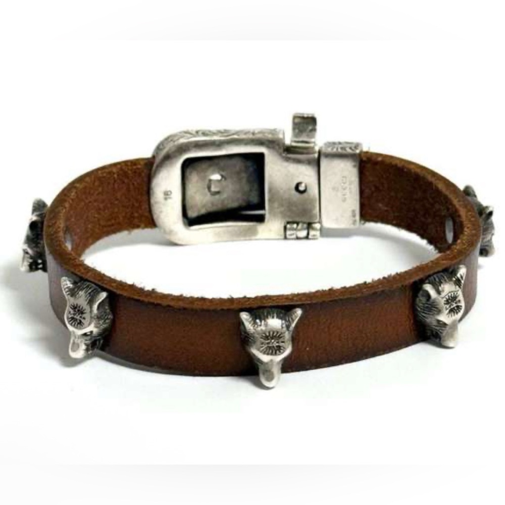 NIB Gucci Unisex Anger Forest Wolf Head Leather Bracelet in Brown - Picture 4 of 12
